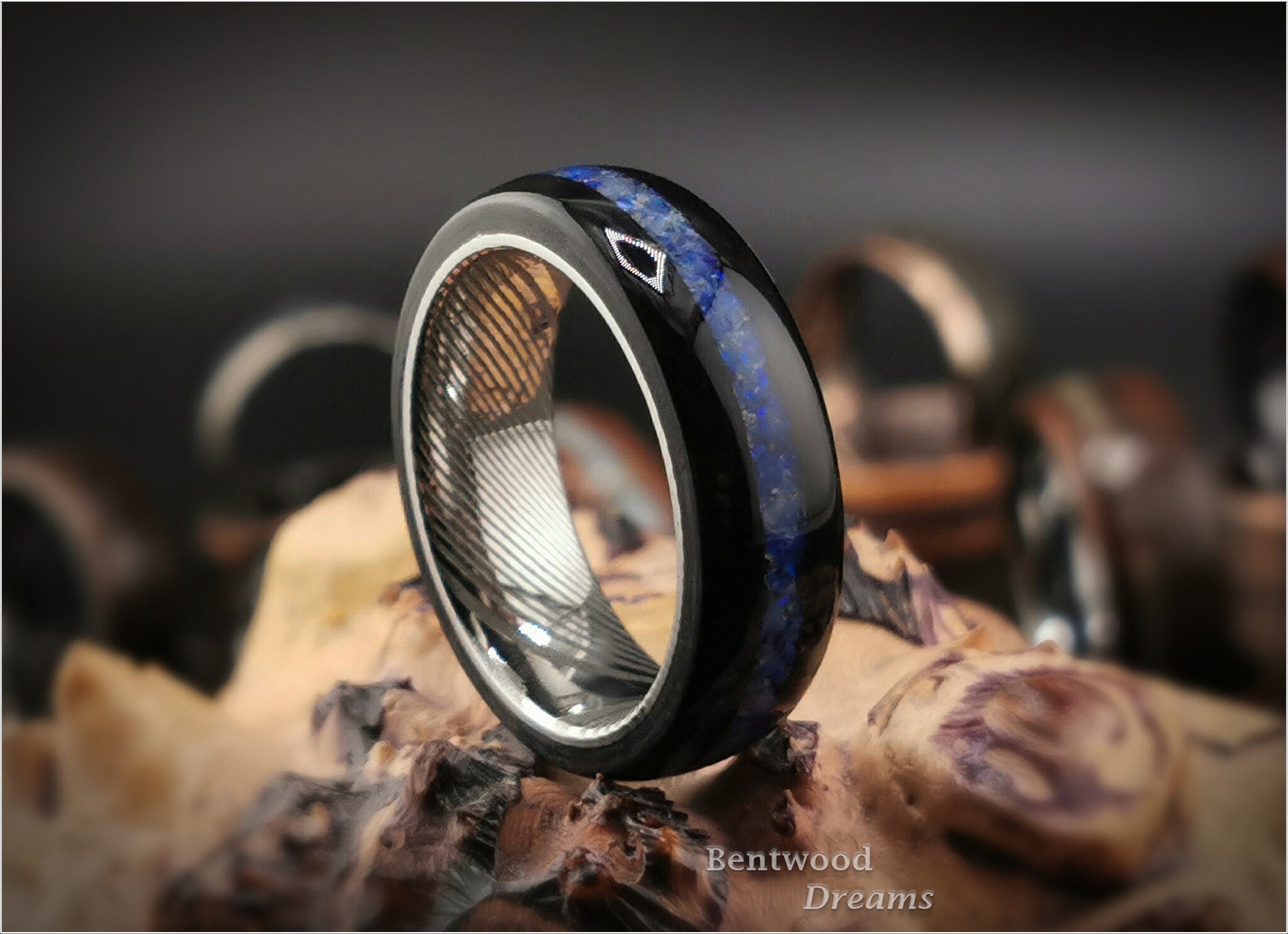 Bentwood Ring: Black Birdseye Maple, inlaid Australian Coober Pedy Opal, Damascus Steel core