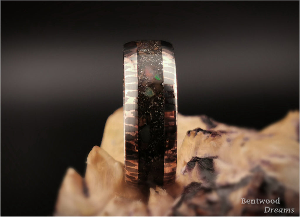 Superconductor Ring: inlaid Meteorite, Dinosaur Bone, and Ethiopian Opal, Straight-Cut/Small Filament
