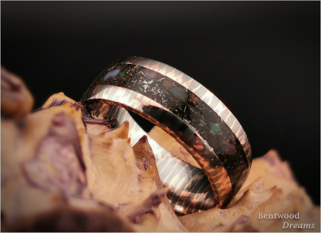 Superconductor Ring: inlaid Meteorite, Dinosaur Bone, and Ethiopian Opal, Straight-Cut/Small Filament