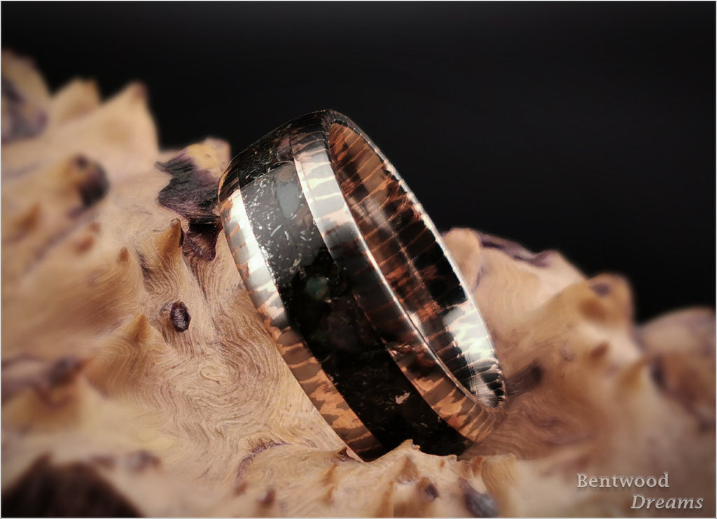 Superconductor Ring: inlaid Meteorite, Dinosaur Bone, and Ethiopian Opal, Straight-Cut/Small Filament