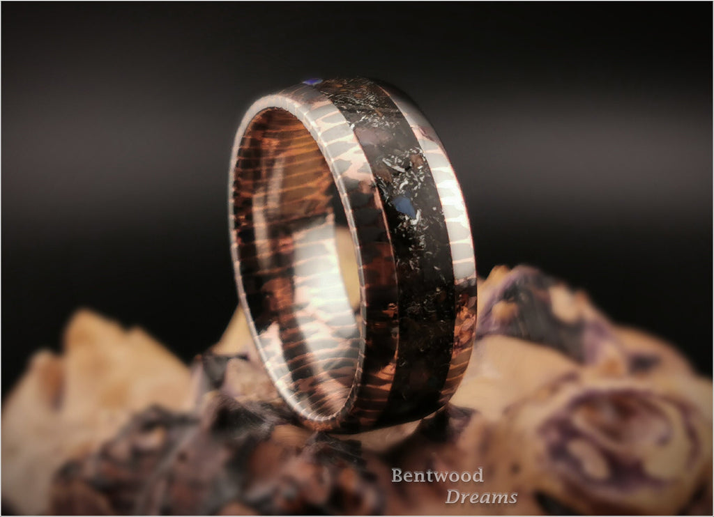 Superconductor Ring: inlaid Meteorite, Dinosaur Bone, and Ethiopian Opal, Straight-Cut/Small Filament