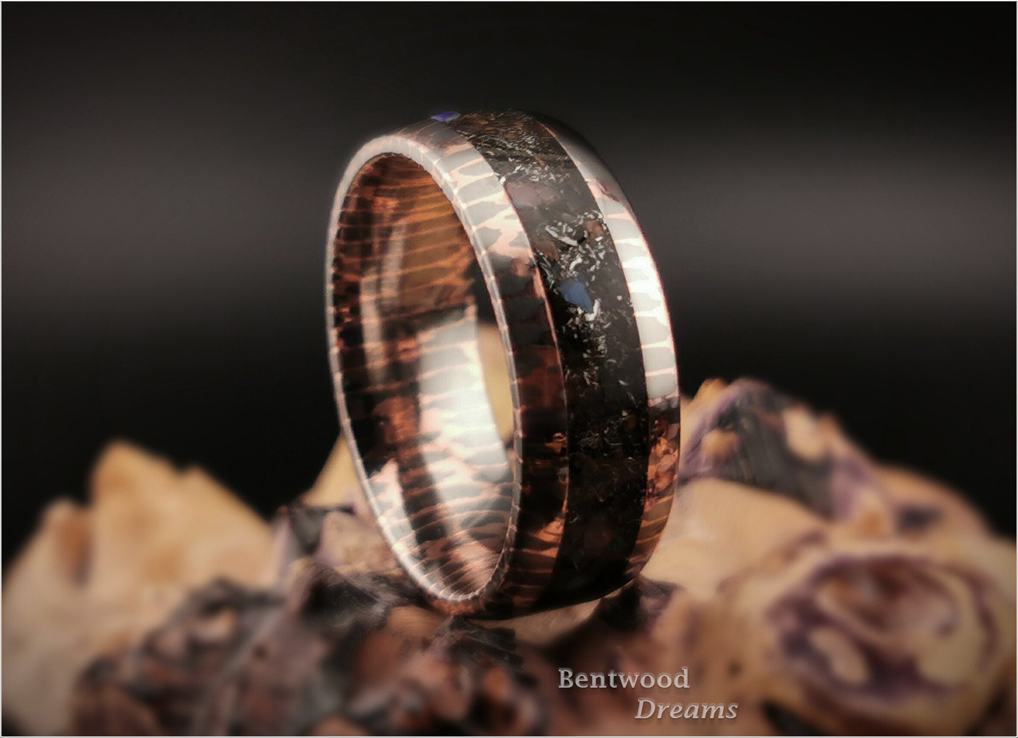 Superconductor Ring: inlaid Meteorite, Dinosaur Bone, and Ethiopian Opal, Straight-Cut/Small Filament