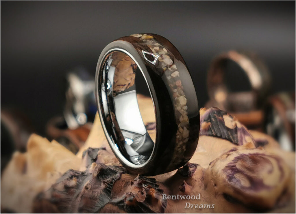 Bentwood Ring: Ziricote, inlaid Chilean Sand, Polished White Tungsten carbide core