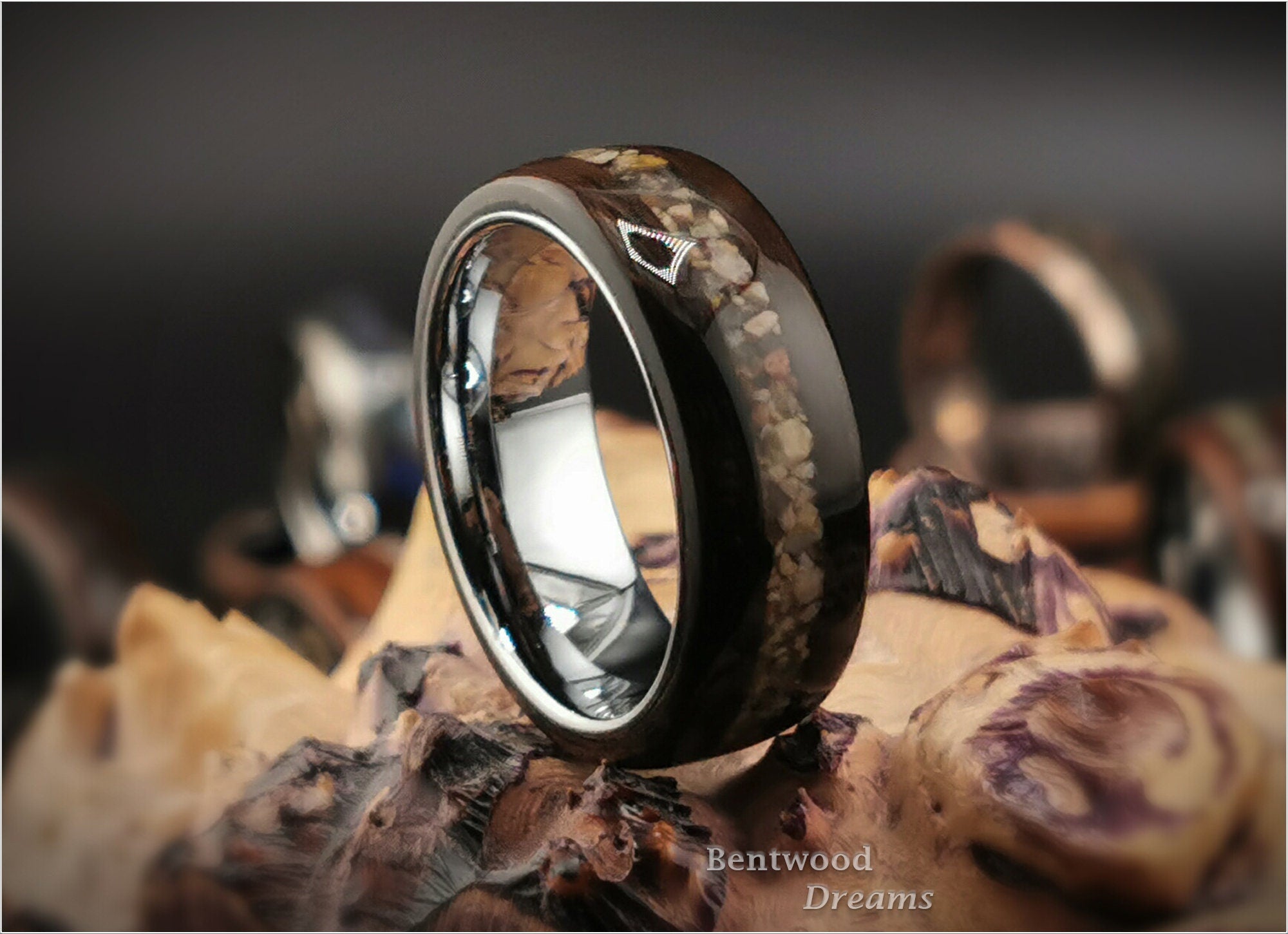 Bentwood Ring: Ziricote, inlaid Chilean Sand, Polished White Tungsten carbide core