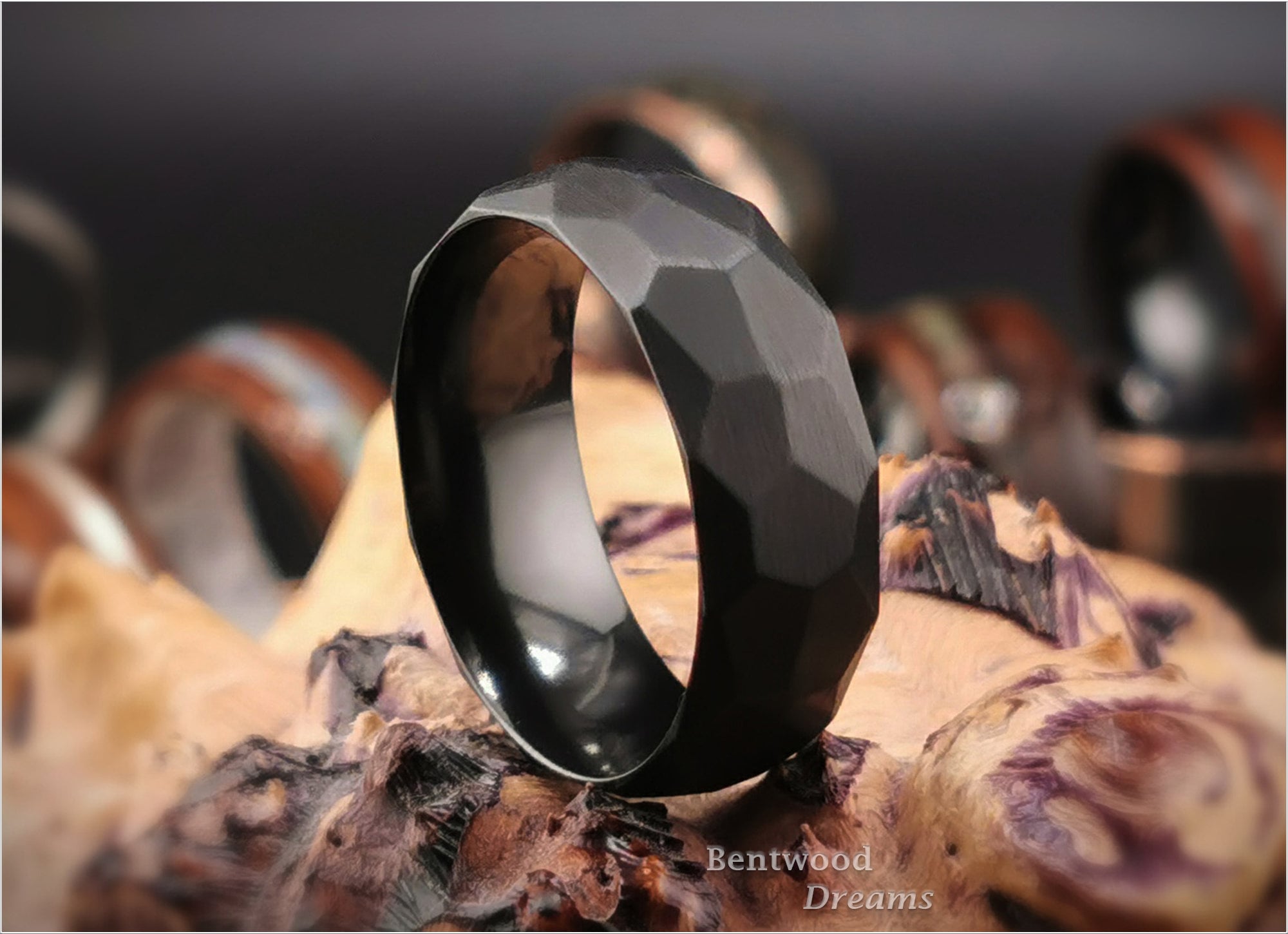 Hammered Brushed Black Zirconium Band - hammered metal ring