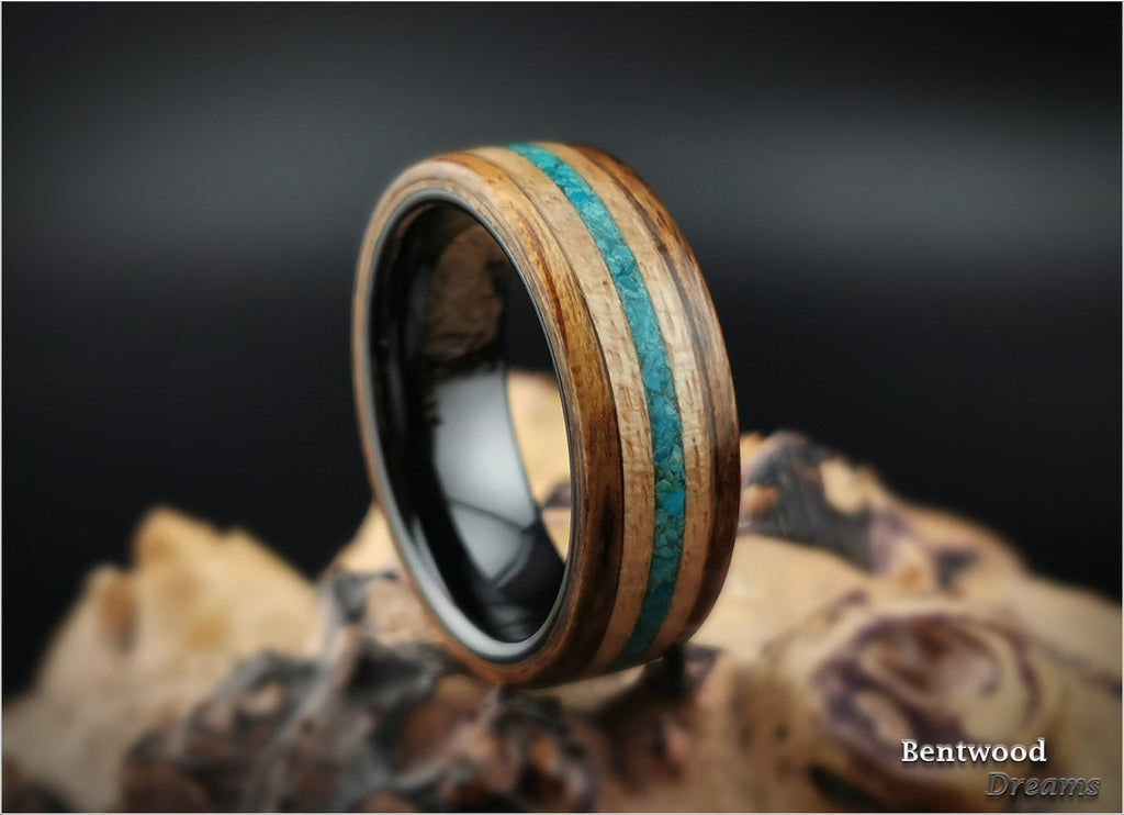 Bentwood Ring: Mangowood, inlaid Mango Sapwood and Peruvian Chrysocolla, Black Ceramic core