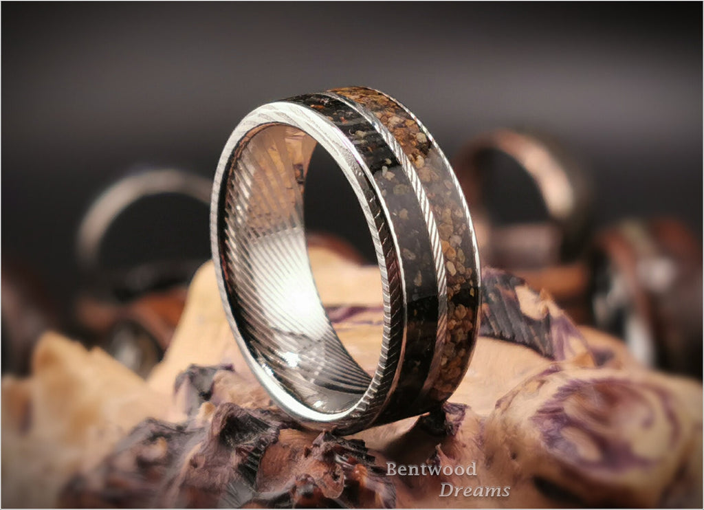 Damascus Steel Ring, dual inlaid Exotic Sands, metal ring