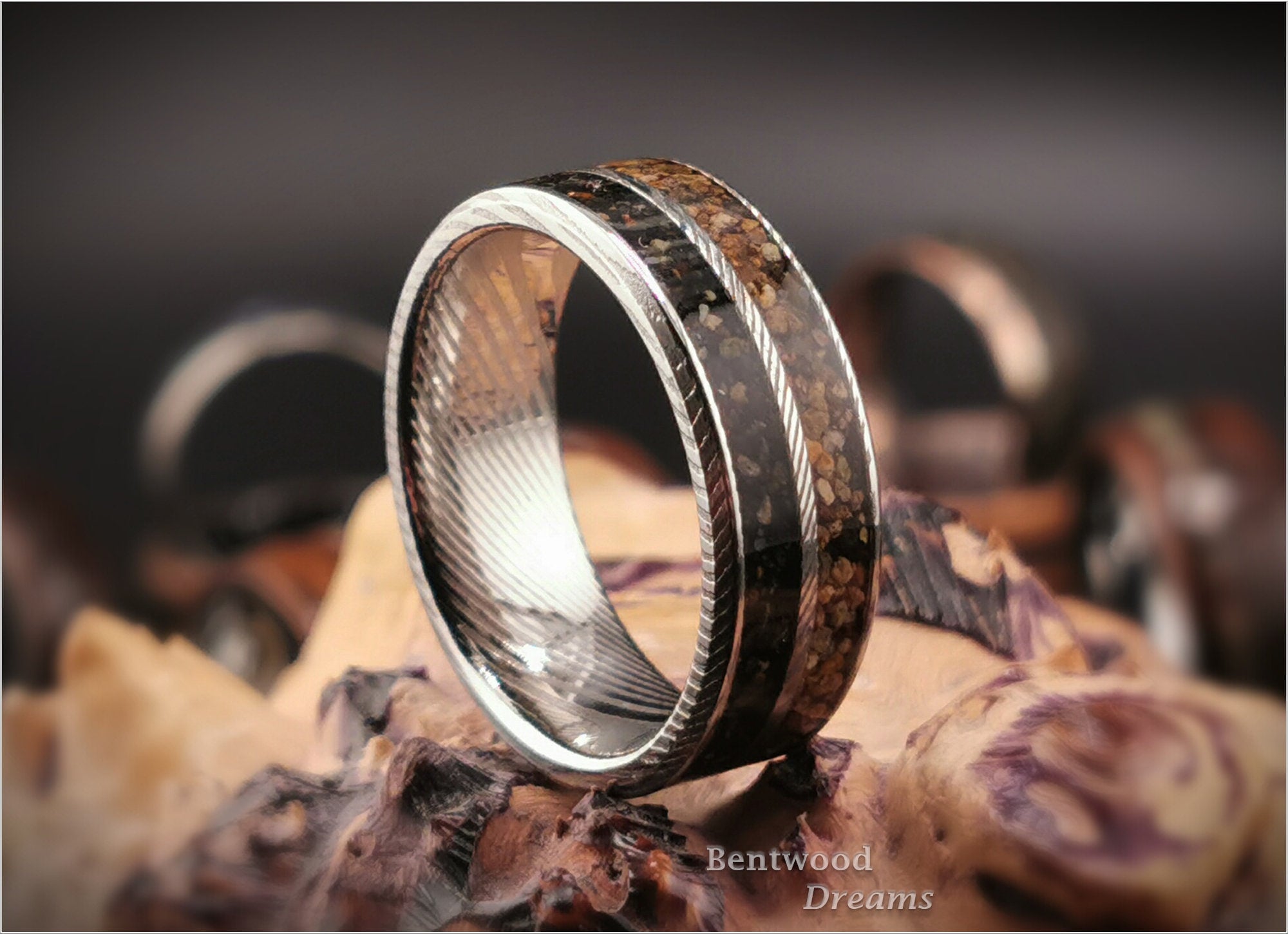 Damascus Steel Ring, dual inlaid Exotic Sands, metal ring