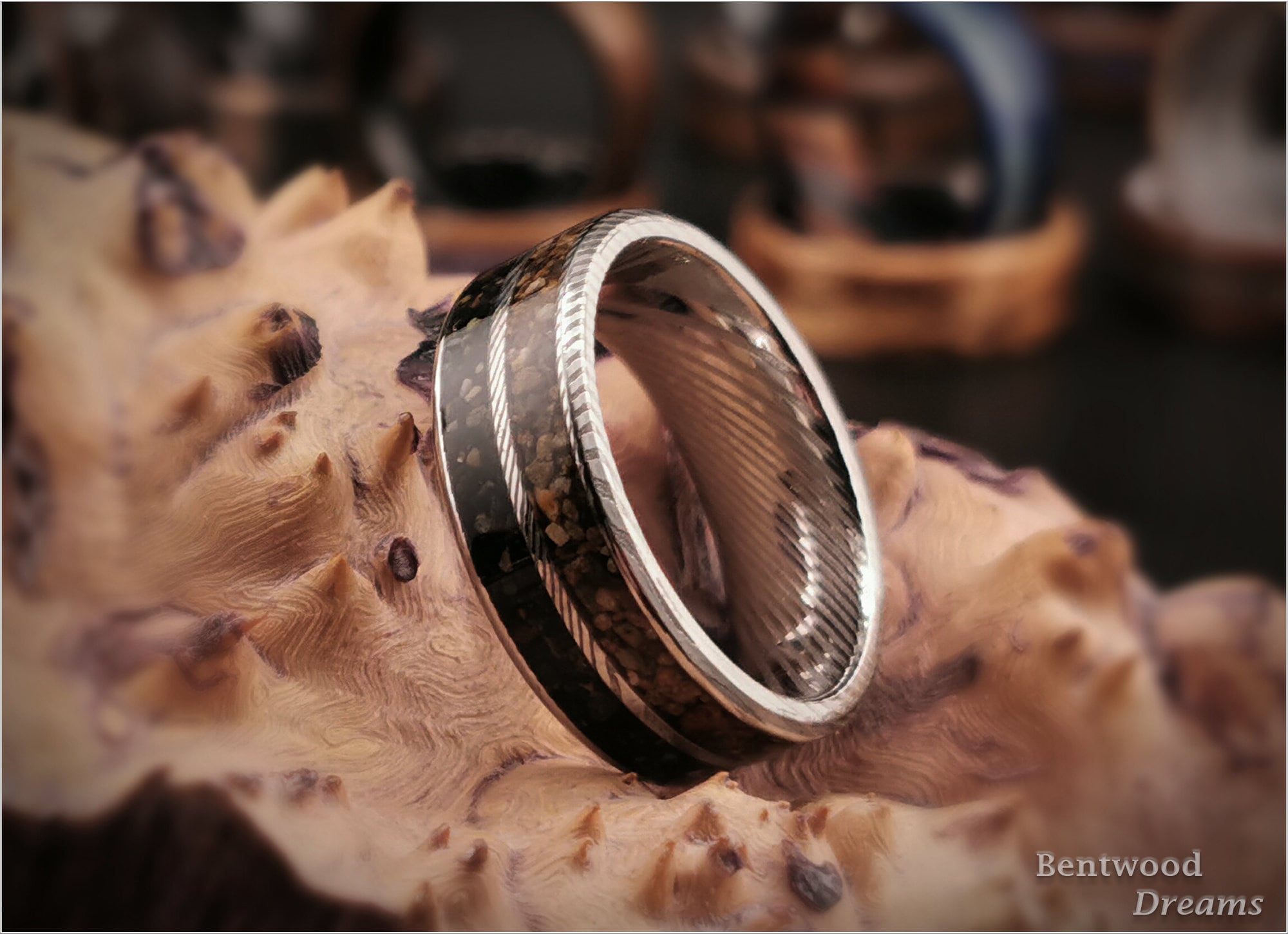 Damascus Steel Ring, dual inlaid Exotic Sands, metal ring