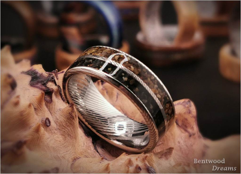 Damascus Steel Ring, dual inlaid Exotic Sands, metal ring
