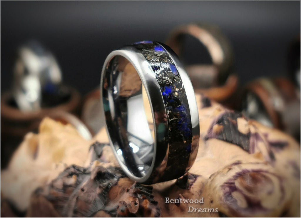Tantalum Ring: inlaid Aletai Meteorite and Australian Coober Pedy Opal