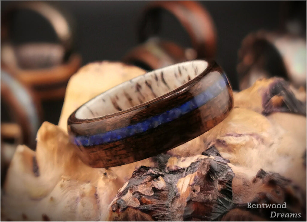 Bentwood Ring: Curly Smoked Etimoe, inlaid Australian Coober Pedy Opal, Deer Antler core