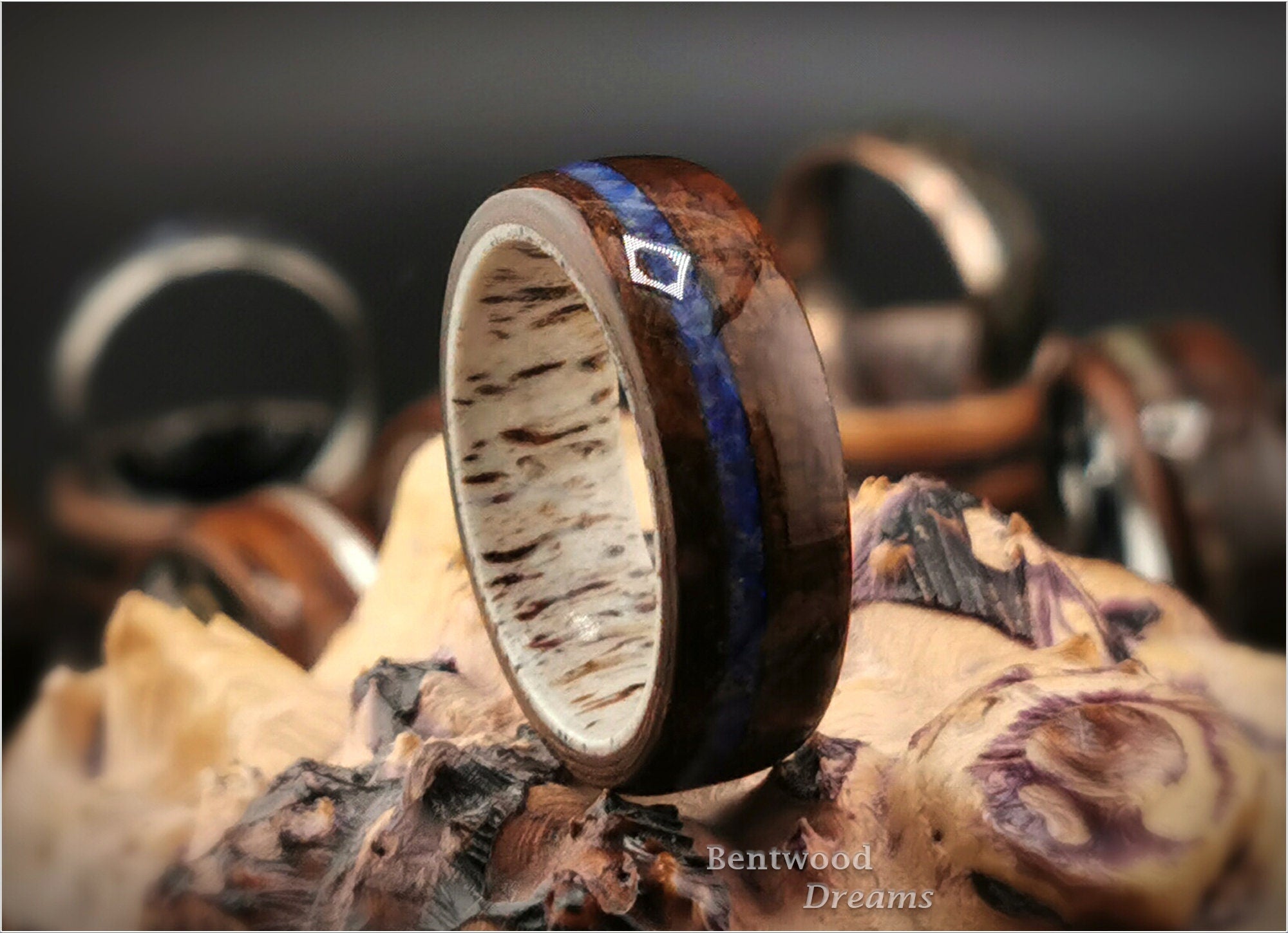 Bentwood Ring: Curly Smoked Etimoe, inlaid Australian Coober Pedy Opal, Deer Antler core