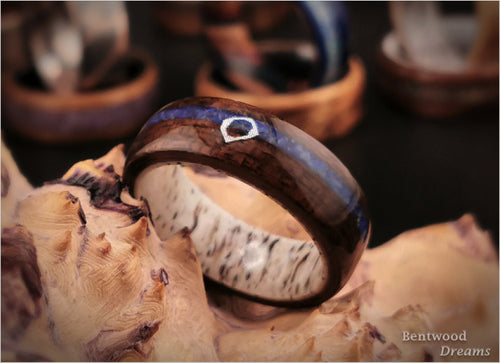 Bentwood Ring: Curly Smoked Etimoe, inlaid Australian Coober Pedy Opal, Deer Antler core