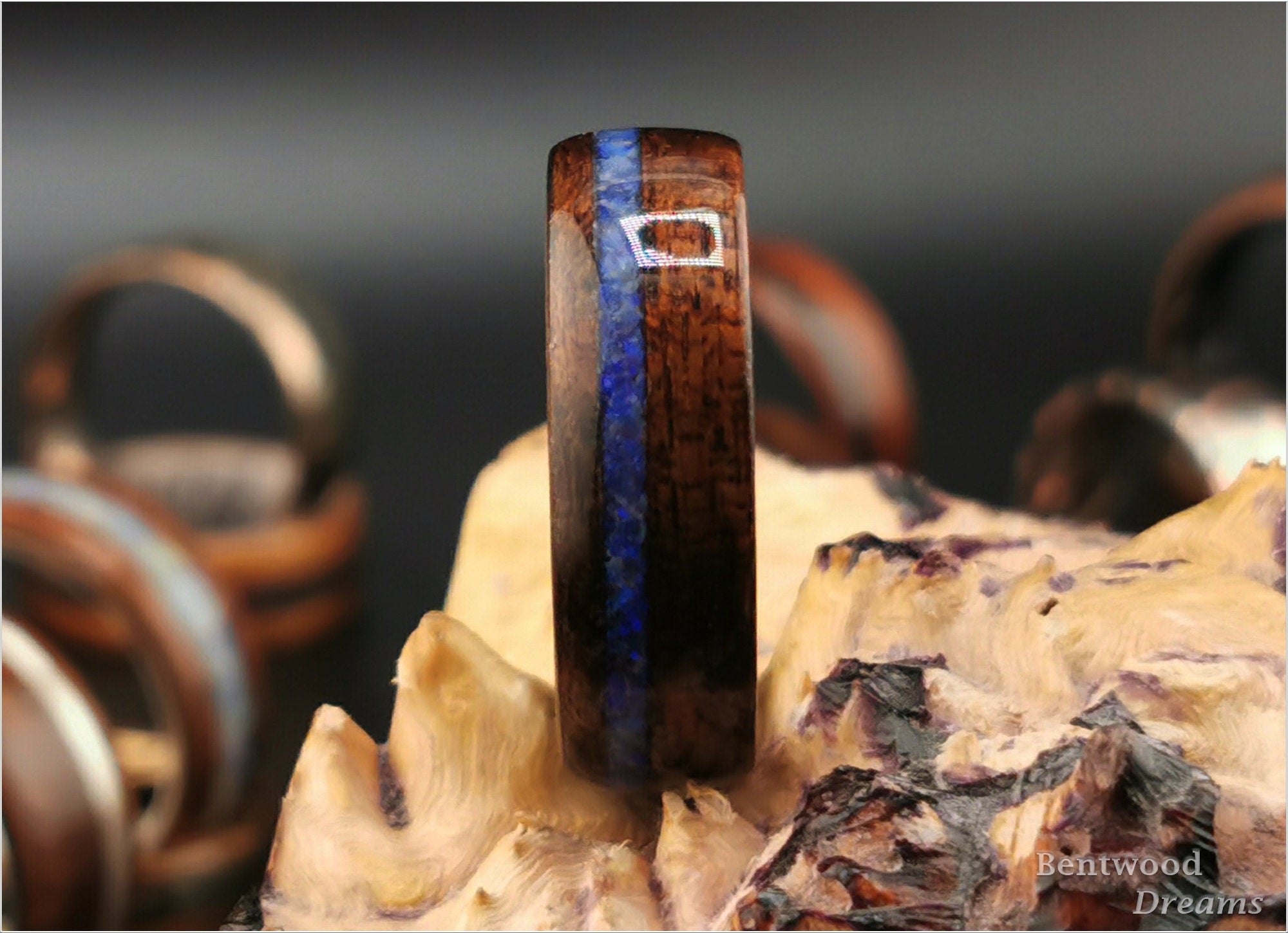 Bentwood Ring: Curly Smoked Etimoe, inlaid Australian Coober Pedy Opal, Deer Antler core