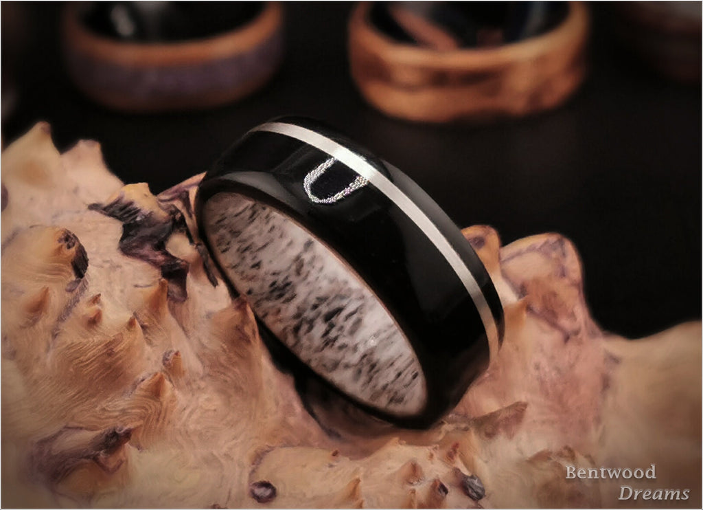 Black Birdseye Maple Bentwood Ring: Sterling Silver Inlay, Deer Antler Core