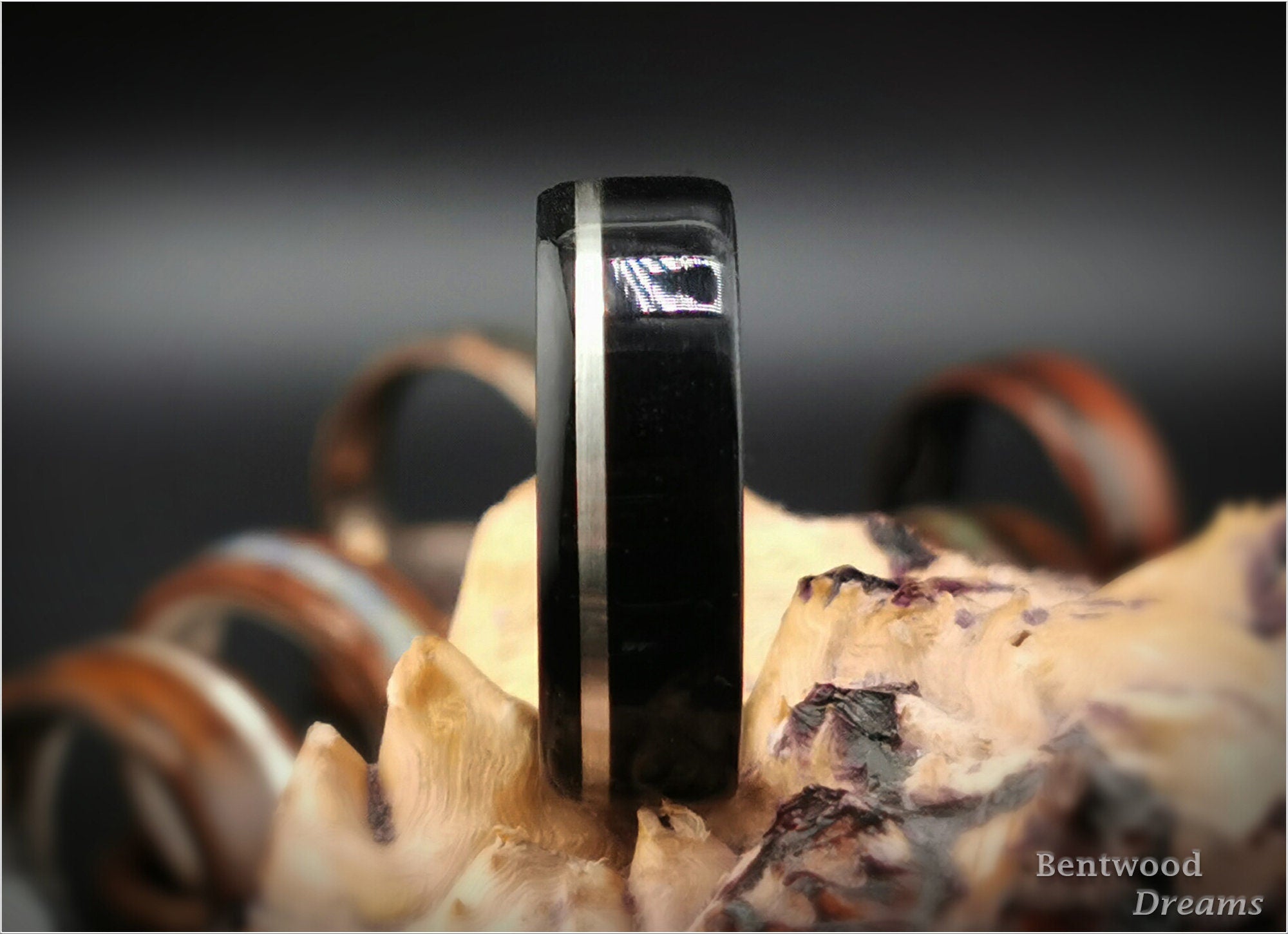 Black Birdseye Maple Bentwood Ring: Sterling Silver Inlay, Deer Antler Core