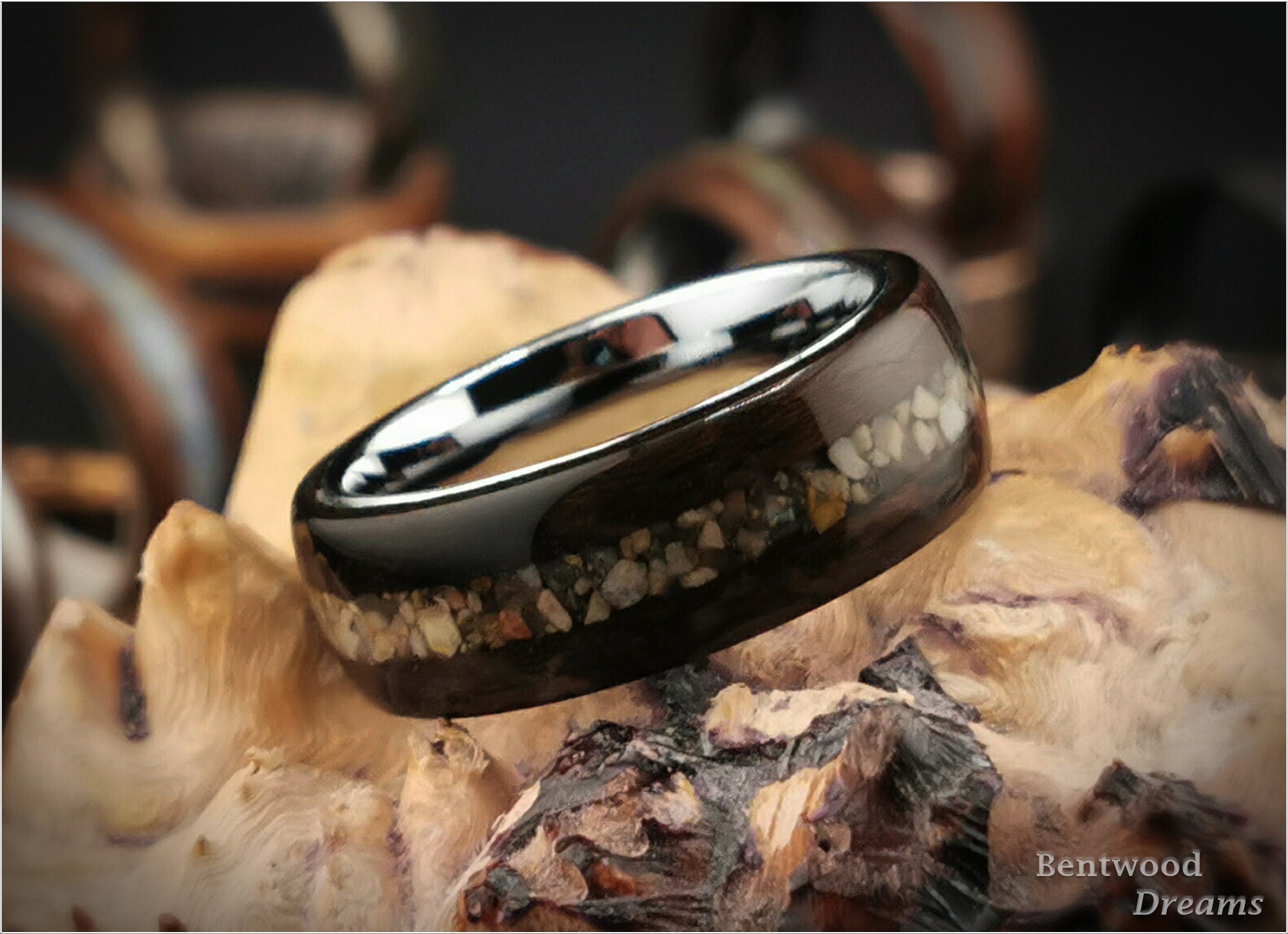 Bentwood Ring: Ziricote, inlaid Chilean Sand, Polished White Tungsten carbide core