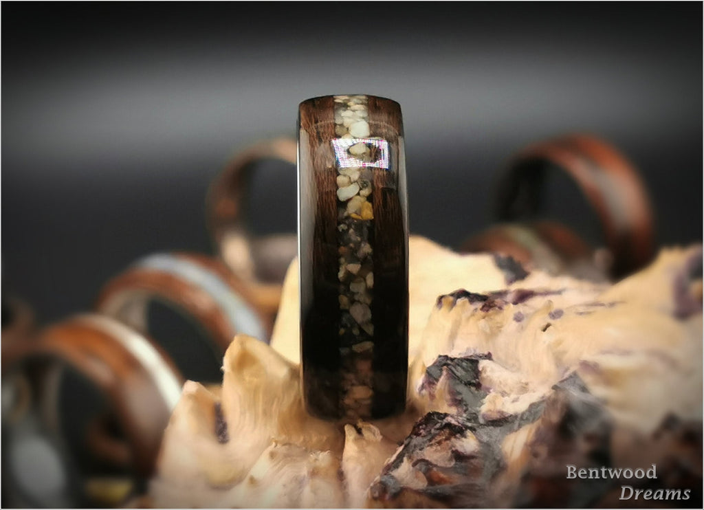 Bentwood Ring: Ziricote, inlaid Chilean Sand, Polished White Tungsten carbide core