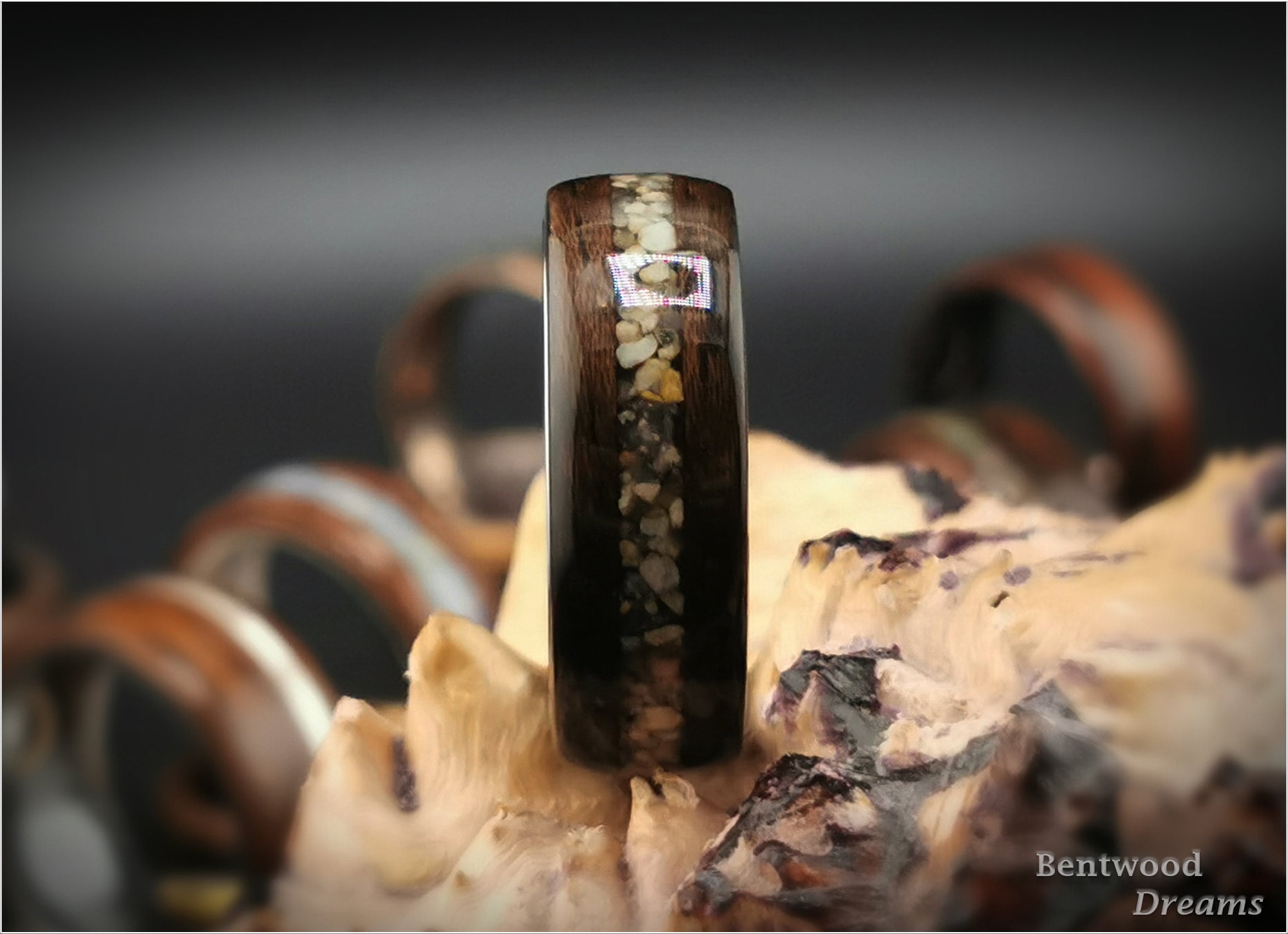 Bentwood Ring: Ziricote, inlaid Chilean Sand, Polished White Tungsten carbide core