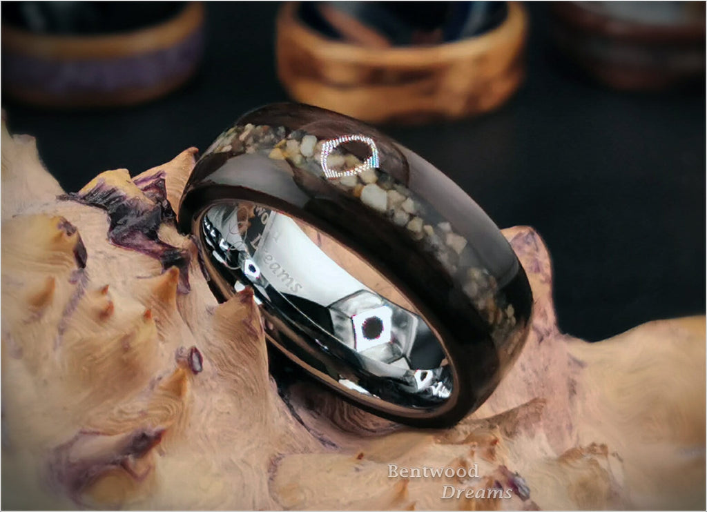 Bentwood Ring: Ziricote, inlaid Chilean Sand, Polished White Tungsten carbide core