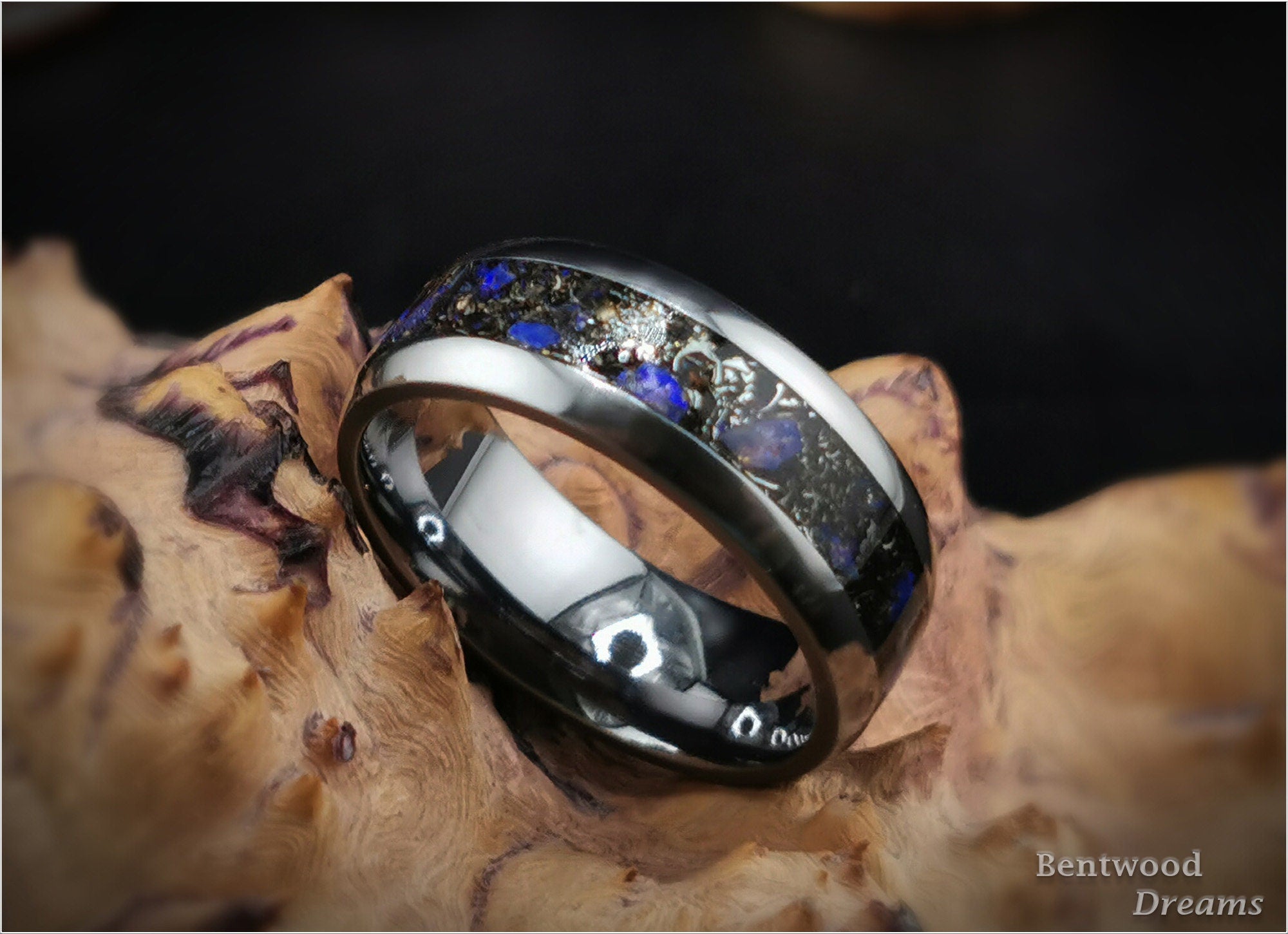 Tantalum Ring: inlaid Aletai Meteorite and Australian Coober Pedy Opal