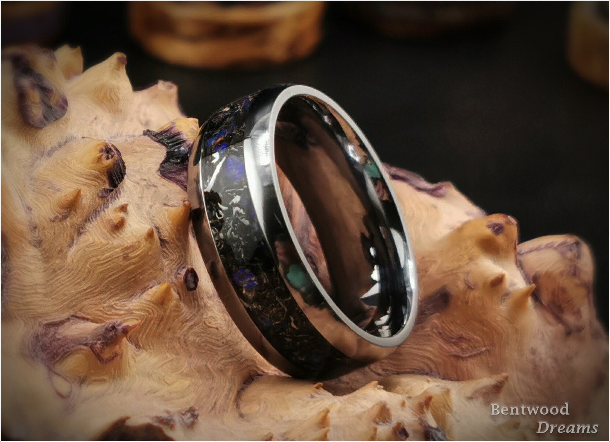Tantalum Ring: inlaid Aletai Meteorite and Australian Coober Pedy Opal