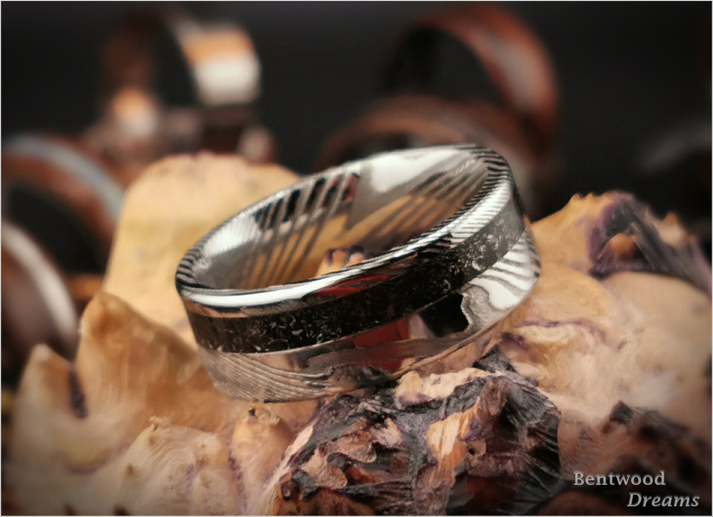 Damascus Steel Ring, offset inlaid Seymchan Meteorite, metal ring
