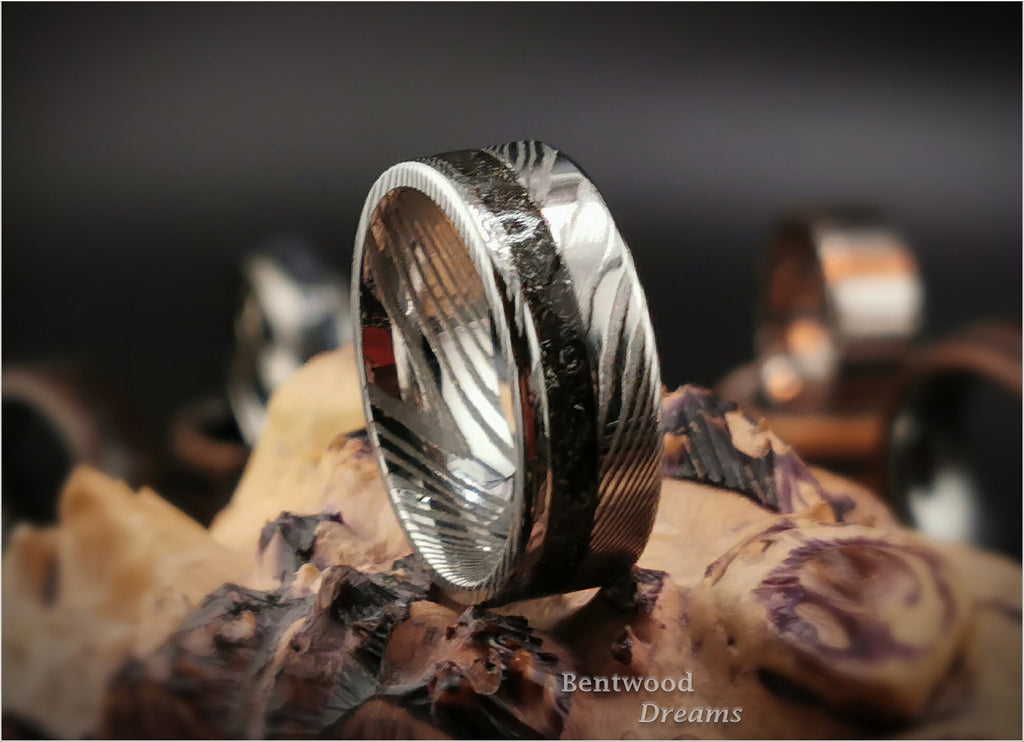 Damascus Steel Ring, offset inlaid Seymchan Meteorite, metal ring