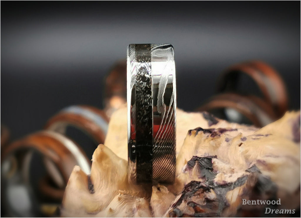 Damascus Steel Ring, offset inlaid Seymchan Meteorite, metal ring