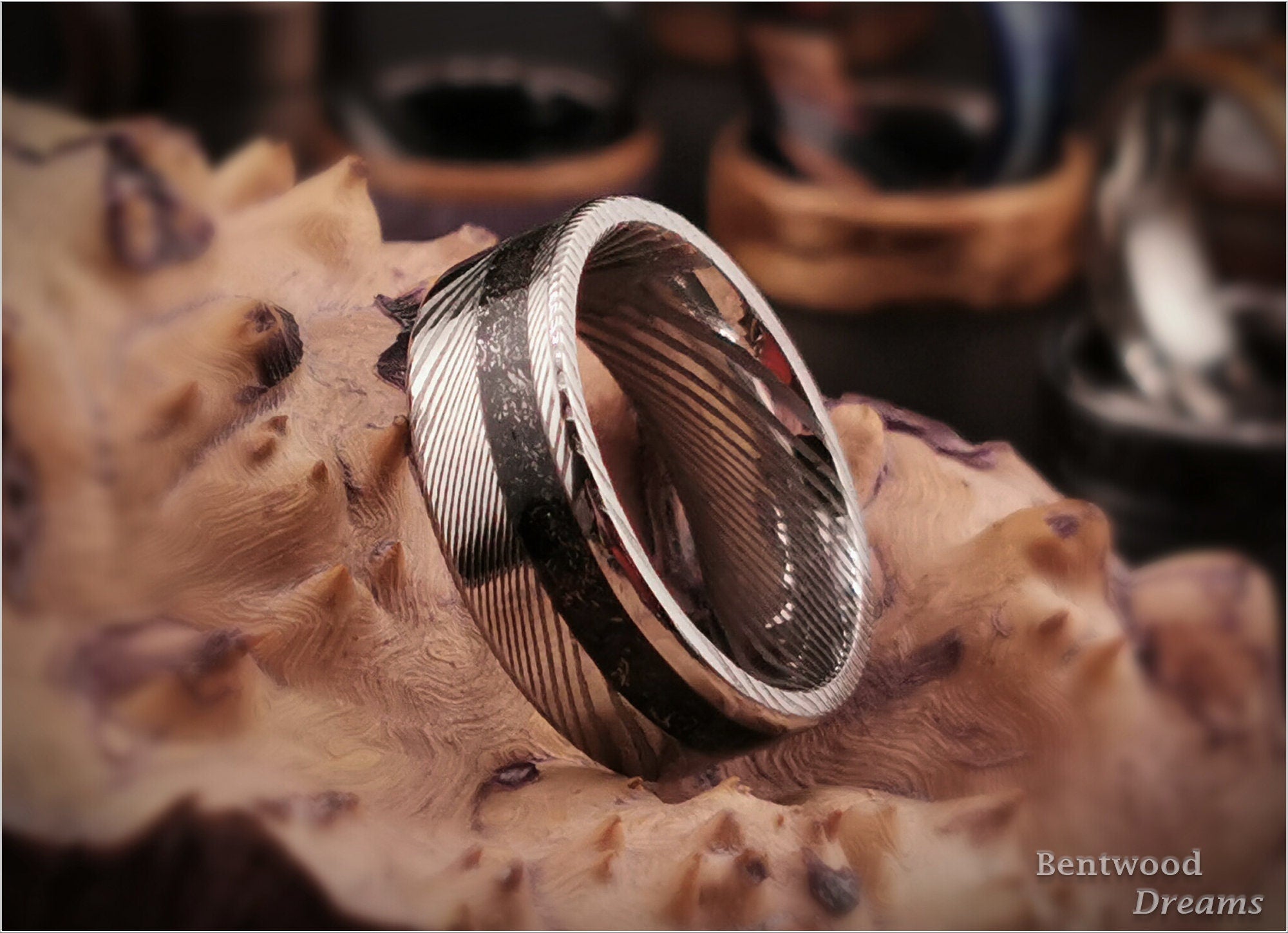 Damascus Steel Ring, offset inlaid Seymchan Meteorite, metal ring