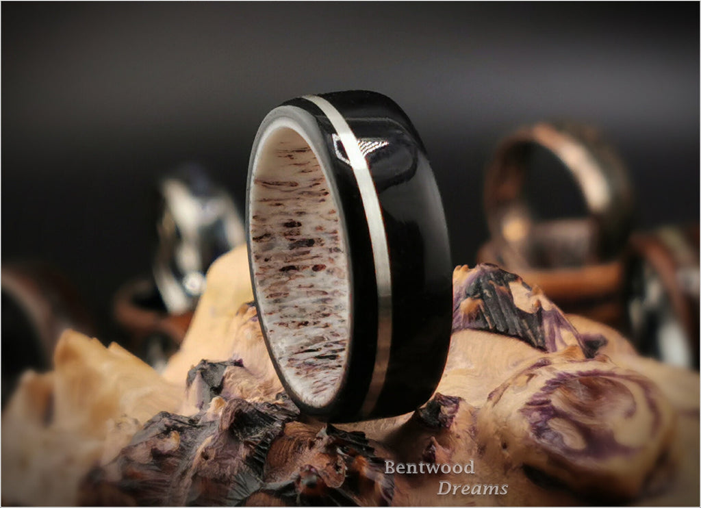 Black Birdseye Maple Bentwood Ring: Sterling Silver Inlay, Deer Antler Core