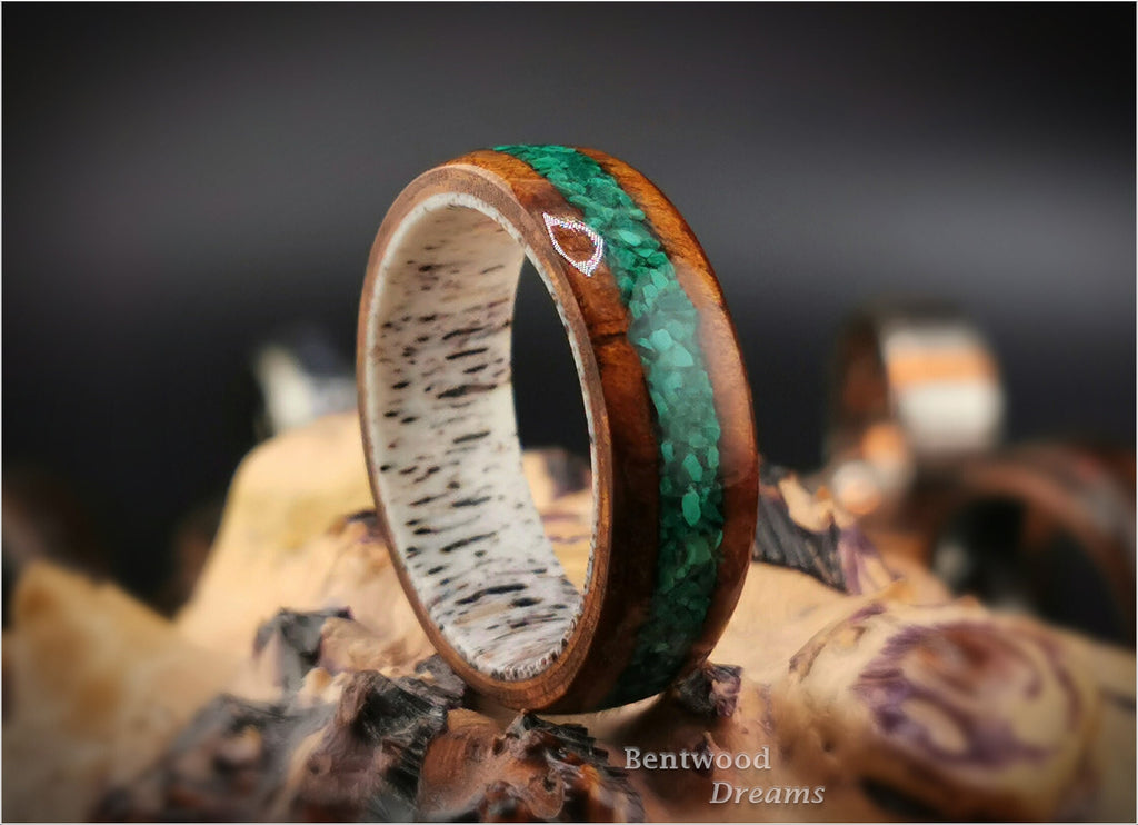 Bentwood Ring: Camphor Burl, inlaid Green Malachite, Deer Antler core, wood ring