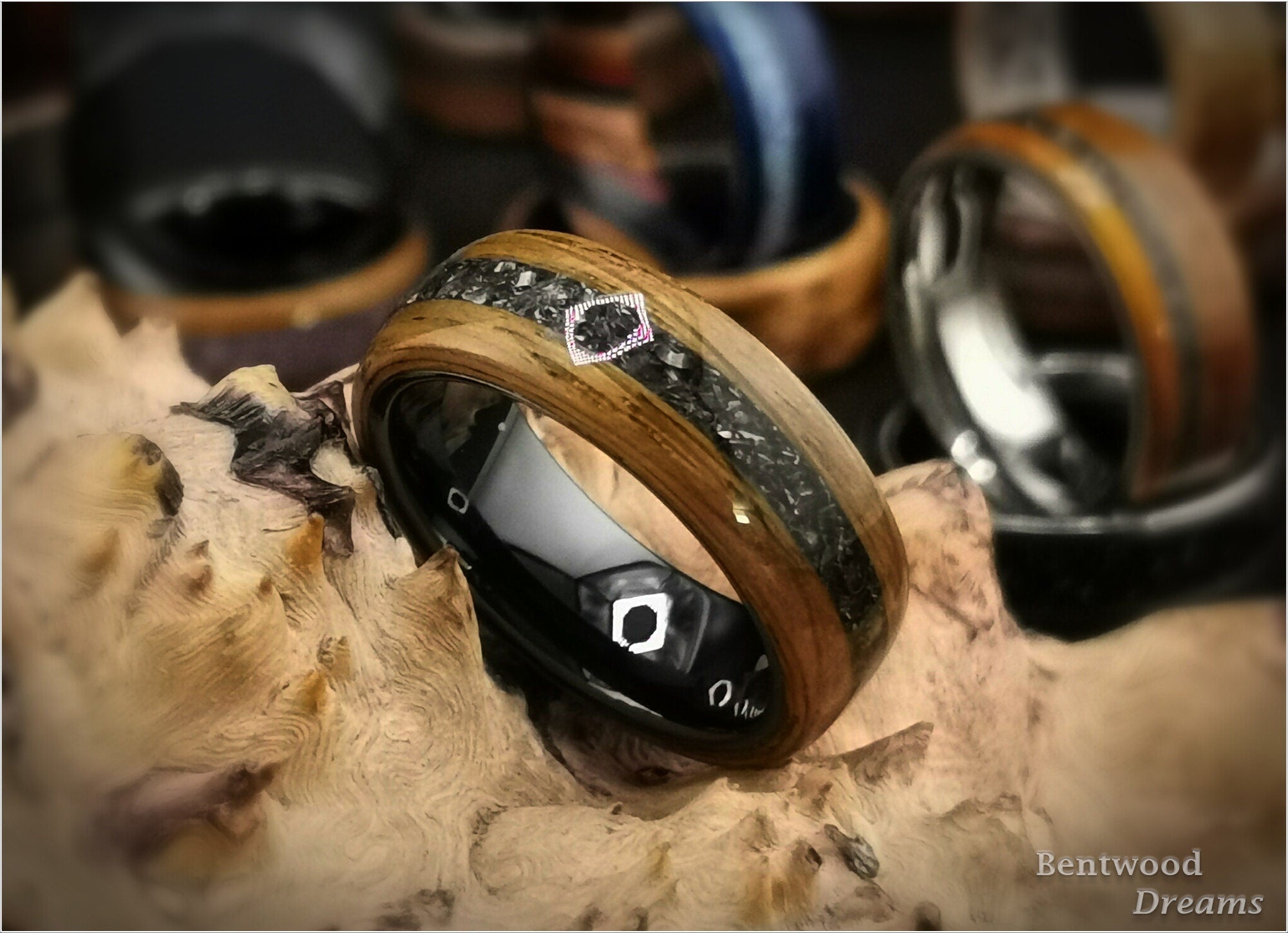 Bog Oak Sapwood Bentwood Ring: Campo de Cielo Meteorite Inlay, Black Ceramic Core