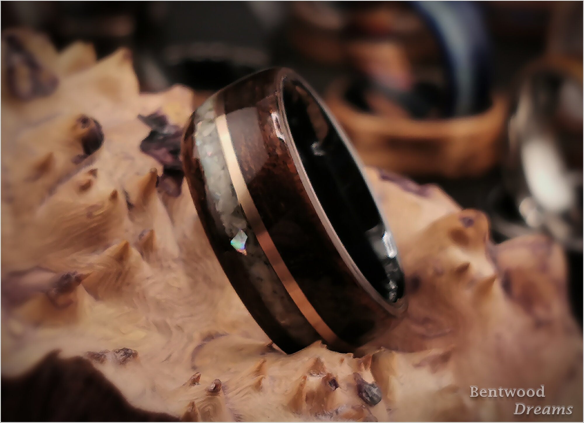 Bentwood Ring: Smoked Etimoe, inlaid Bronze Wire and Japanese Abalone, Black Ceramic core