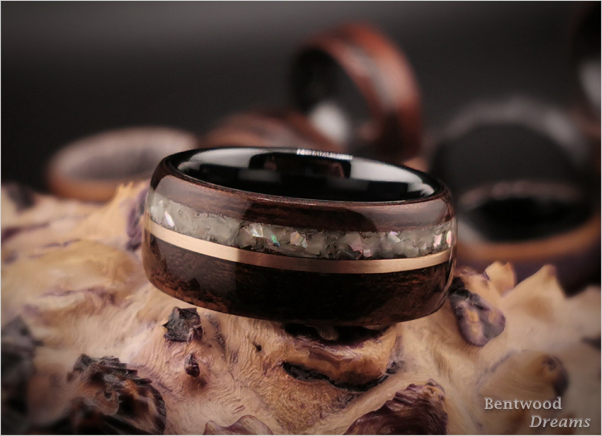 Bentwood Ring: Smoked Etimoe, inlaid Bronze Wire and Japanese Abalone, Black Ceramic core
