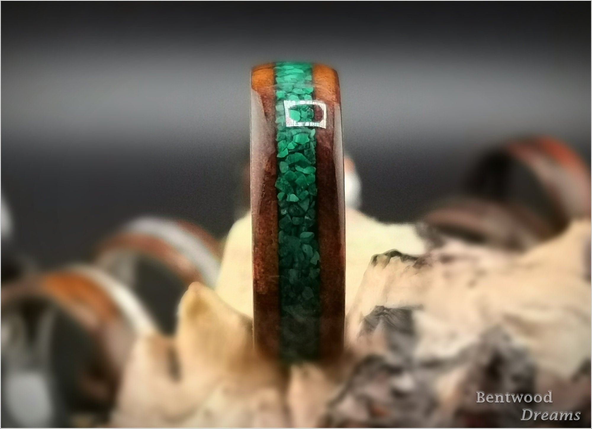 Bentwood Ring: Camphor Burl, inlaid Green Malachite, Deer Antler core, wood ring