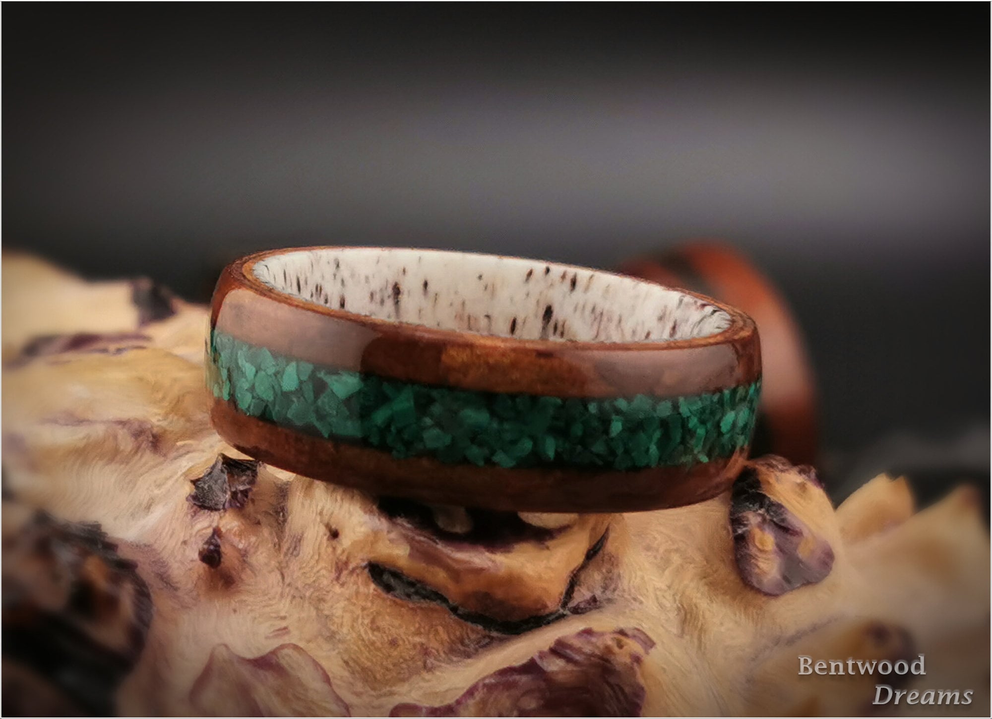 Bentwood Ring: Camphor Burl, inlaid Green Malachite, Deer Antler core, wood ring