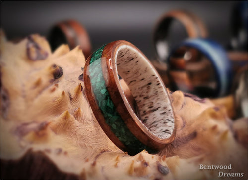 Bentwood Ring: Camphor Burl, inlaid Green Malachite, Deer Antler core, wood ring