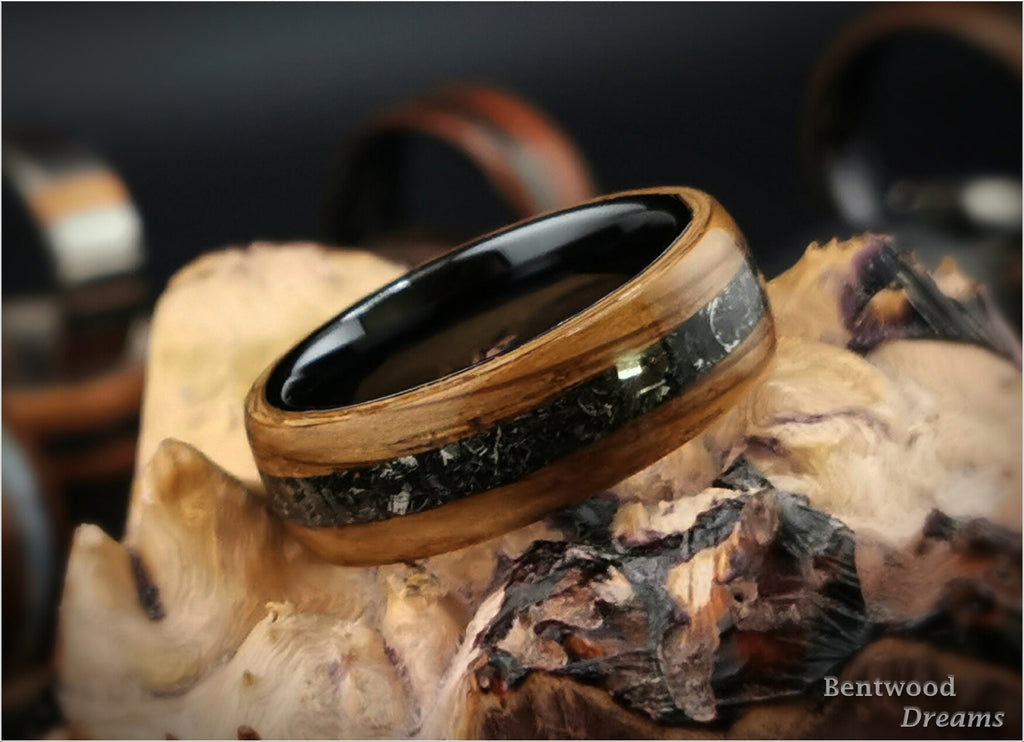 Bog Oak Sapwood Bentwood Ring: Campo de Cielo Meteorite Inlay, Black Ceramic Core