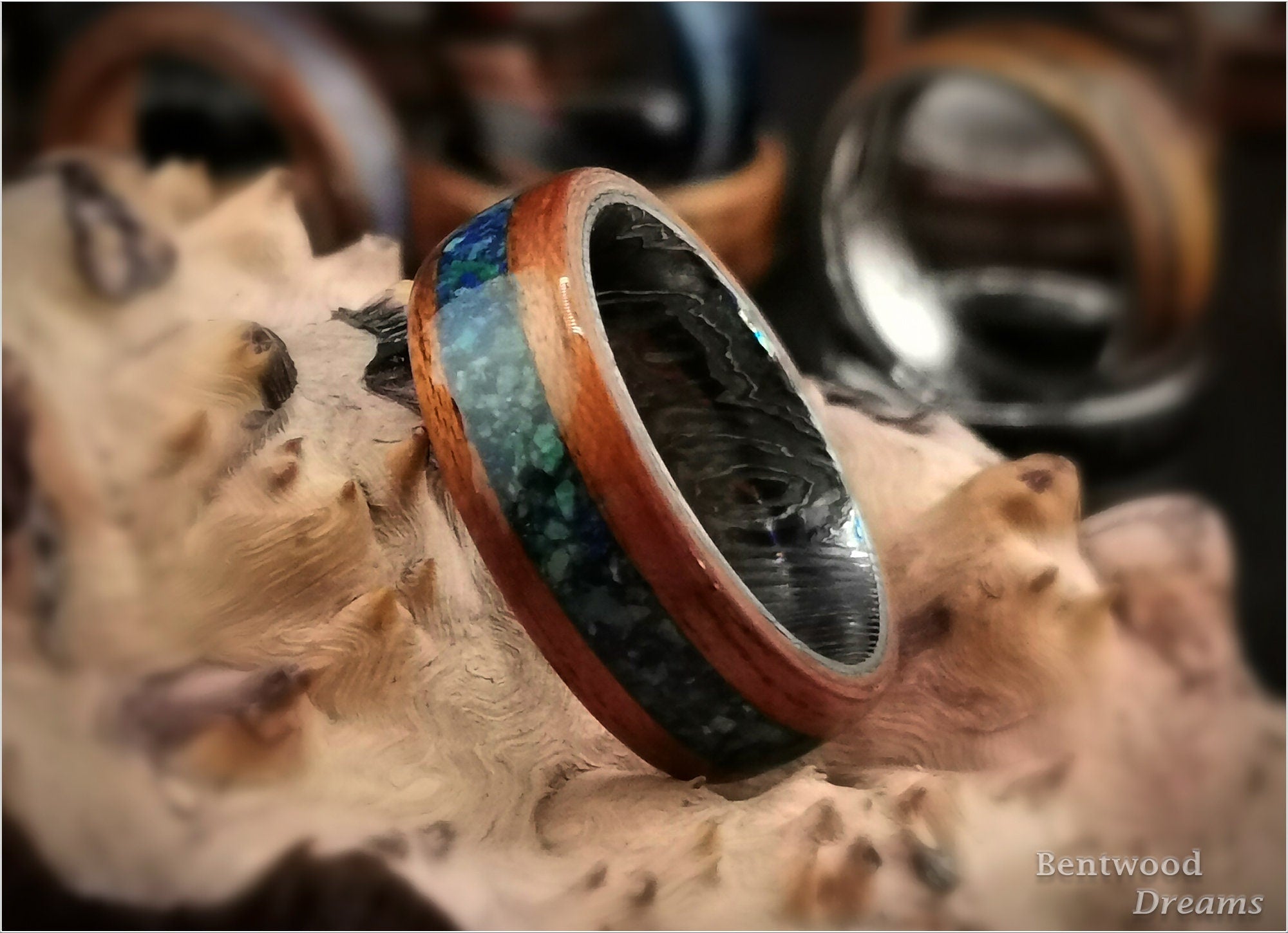 Bentwood Ring: Etimoe, inlaid  Azurite, Zircuti core, wood ring