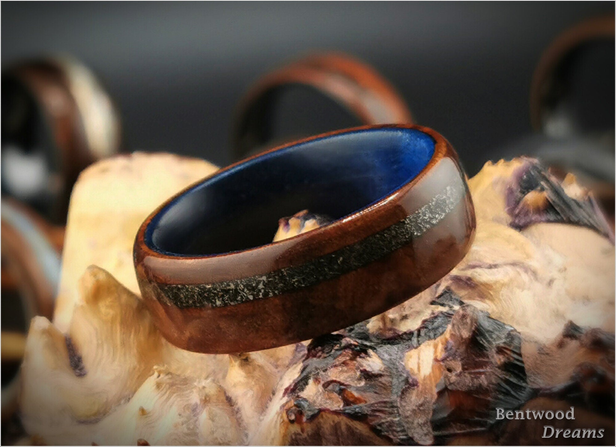 Bentwood Ring: Camphor Burl, offset inlaid Seymchan Meteorite, Blue Box Elder core, wood ring