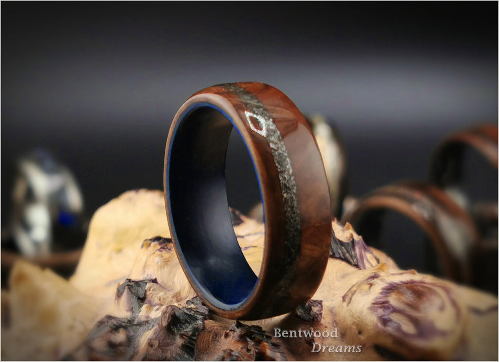 Bentwood Ring: Camphor Burl, offset inlaid Seymchan Meteorite, Blue Box Elder core, wood ring
