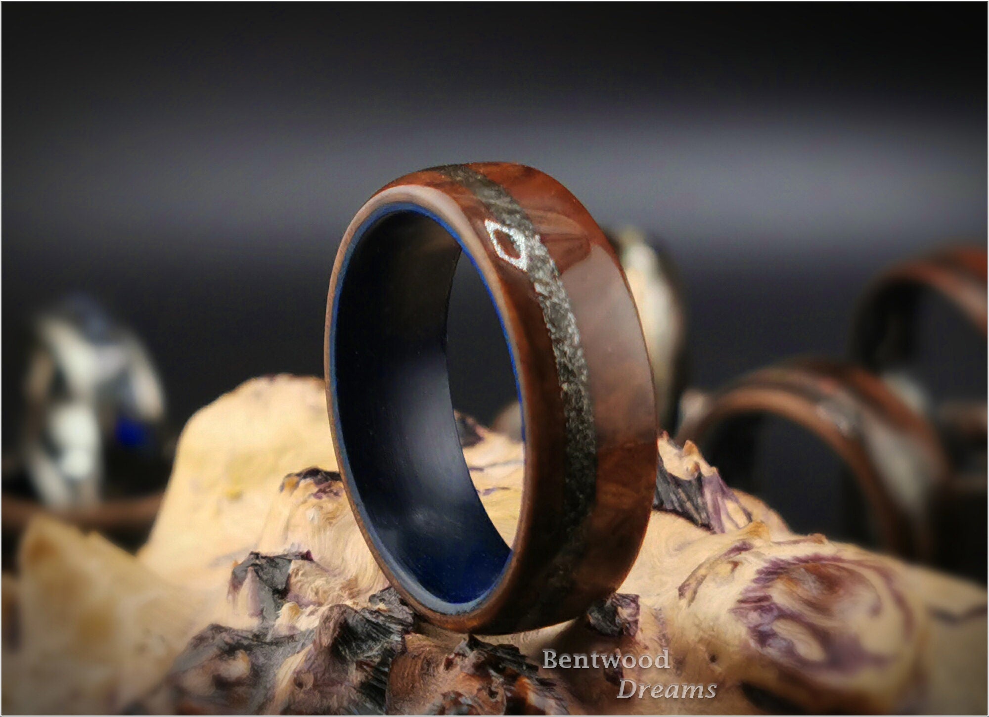 Bentwood Ring: Camphor Burl, offset inlaid Seymchan Meteorite, Blue Box Elder core, wood ring