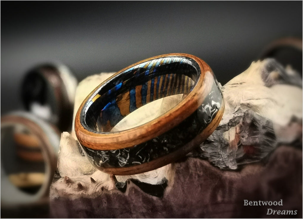 Bentwood Ring: Figured Etimoe, inlaid Aletai Meteorite, Timascus core - wood ring