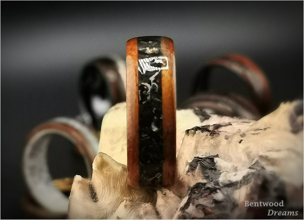 Bentwood Ring: Figured Etimoe, inlaid Aletai Meteorite, Timascus core - wood ring