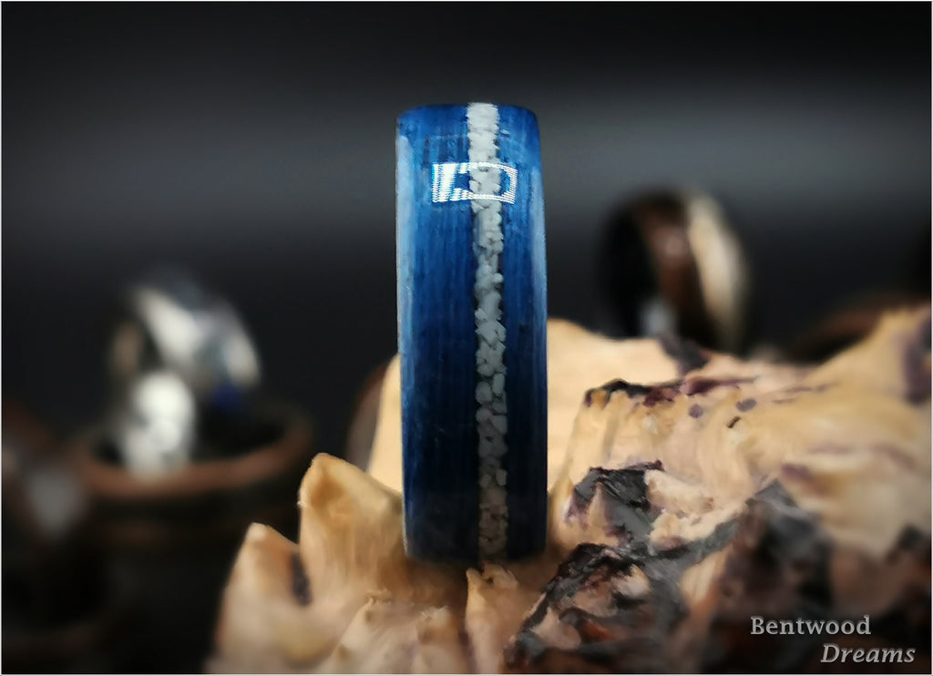 Bentwood Ring: Deep Blue Koto, offset inlaid Howlite, Titanium core, wood ring