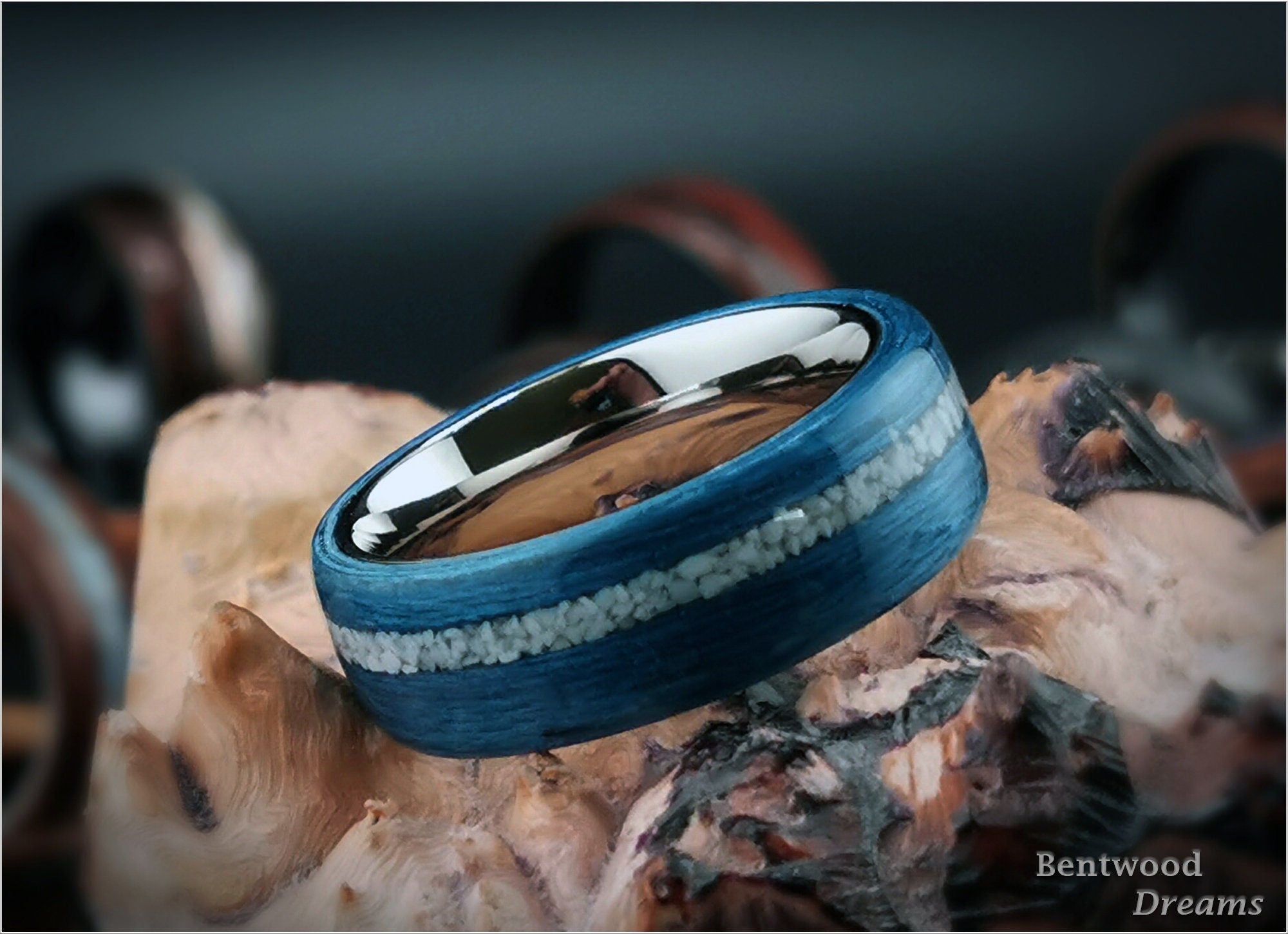 Bentwood Ring: Deep Blue Koto, offset inlaid Howlite, Titanium core, wood ring