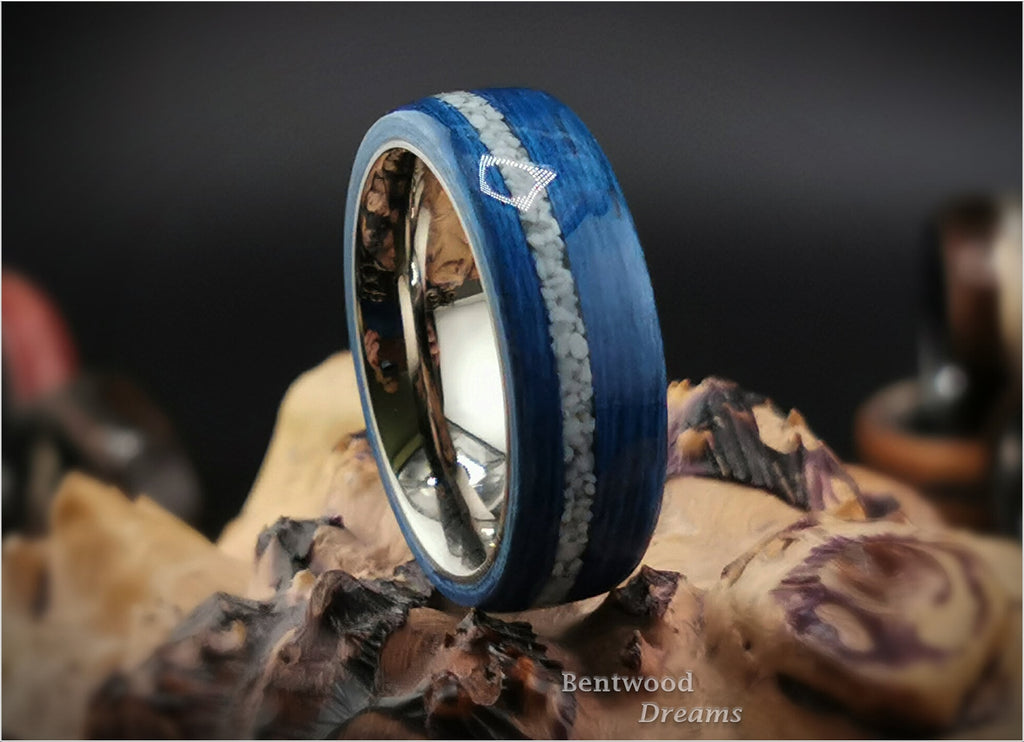 Bentwood Ring: Deep Blue Koto, offset inlaid Howlite, Titanium core, wood ring