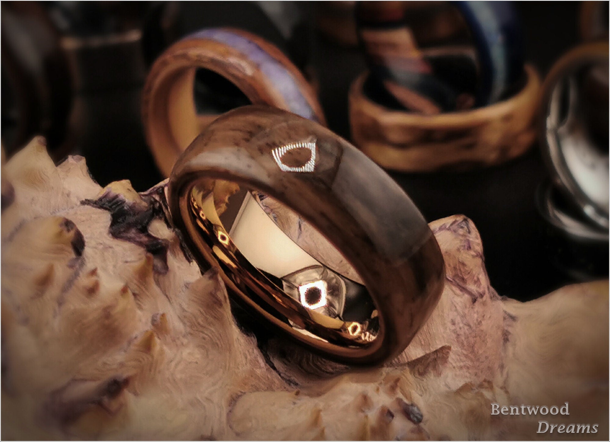 Bentwood Ring: Rustic French Walnut, Rose Gold Tungsten Carbide core, wood ring